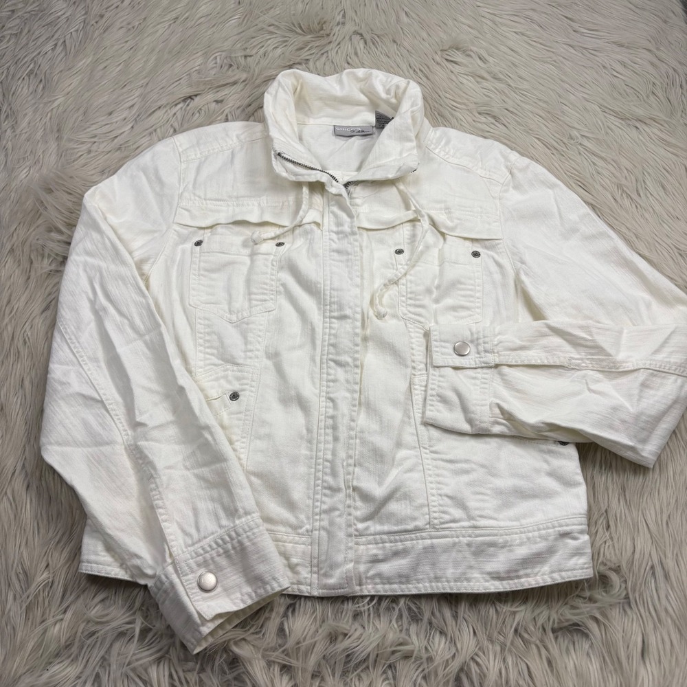 Chico's Women's M (1) White Zip Front Denim Utility Jacket Urban Travel